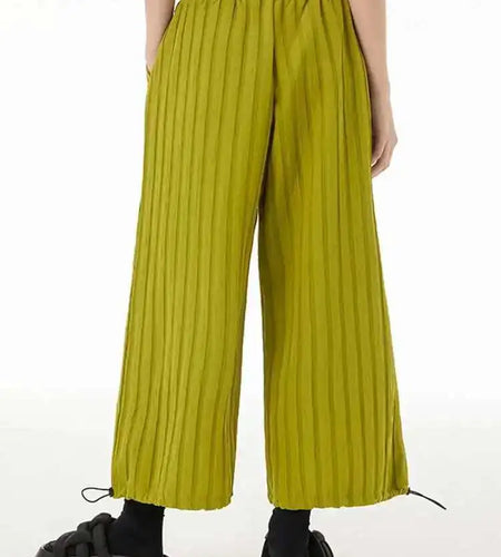 High Elastic Waist Green Pleated Striped Drawstring Pants New Loose Fit Trousers Women Fashion Spring Autumn 2025 1DF5825