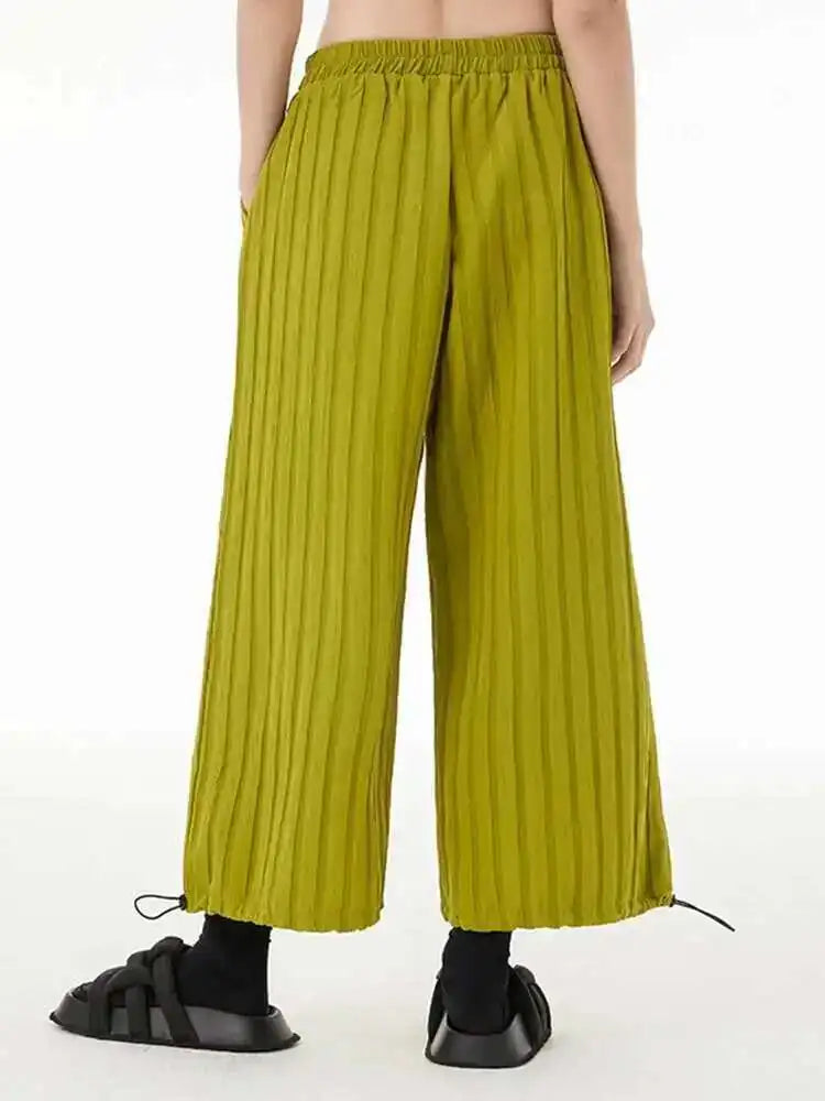High Elastic Waist Green Pleated Striped Drawstring Pants New Loose Fit Trousers Women Fashion Spring Autumn 2025 1DF5825