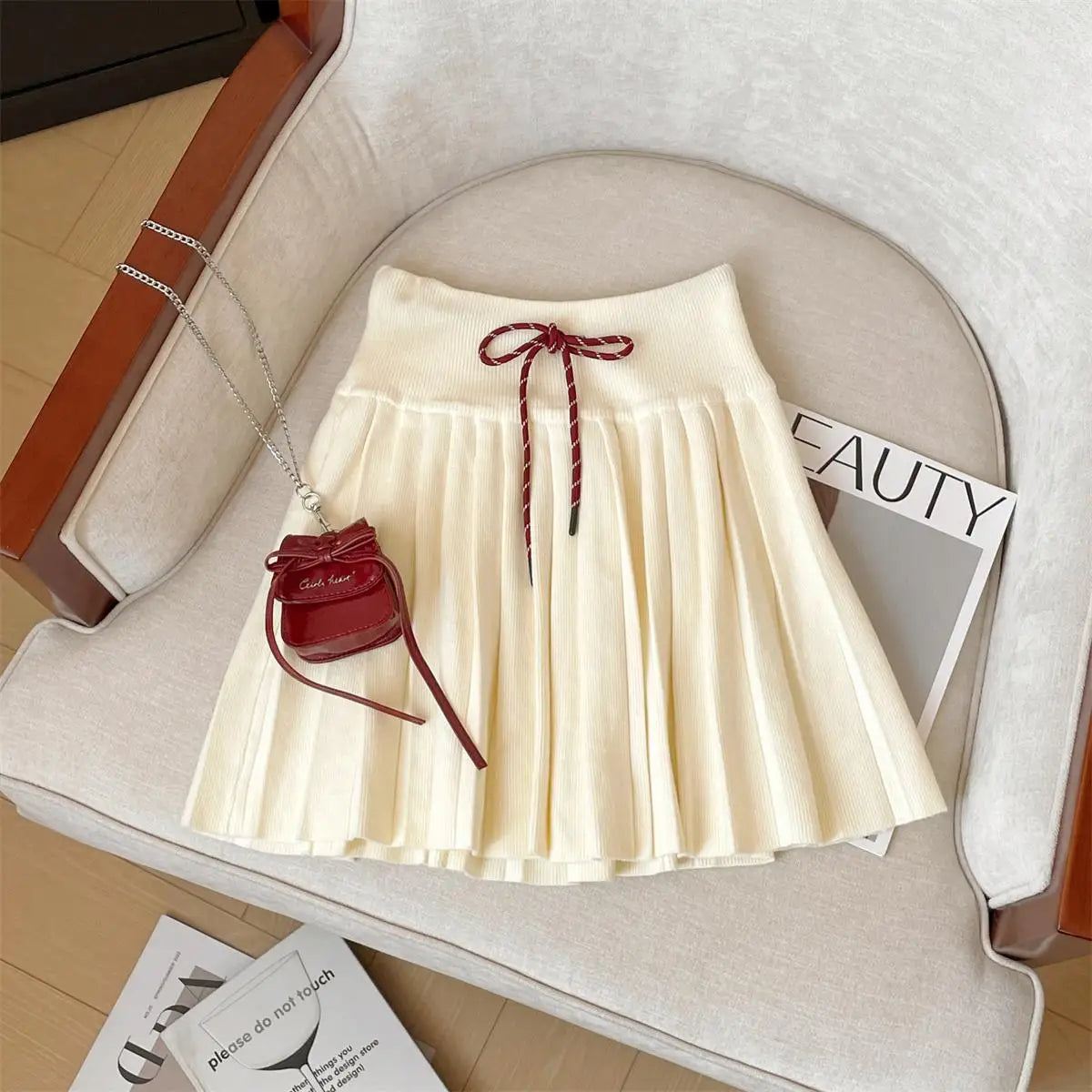 Korean Version Women Black Beige Sexy Club Vacation Short Skirt Autumn Winter Brown High Waist Drawstring Lace-up Pleated Skirts