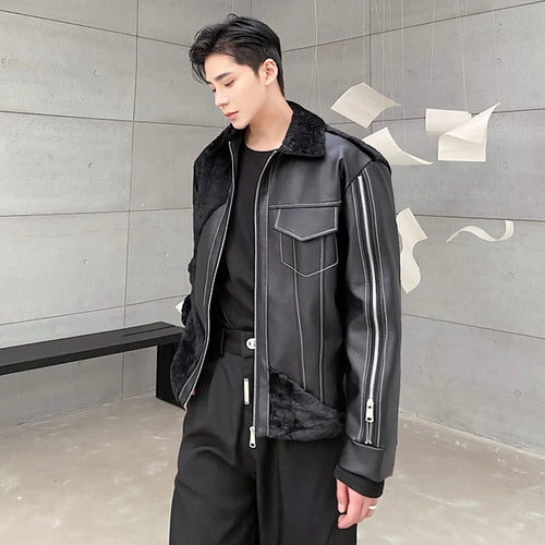 Load image into Gallery viewer, Personalized Men&#39;s Cotton Jackets Casual PU Leather Patchwork Fur Thick Outdoor Niche Design Male Padded Clothing 9C8958
