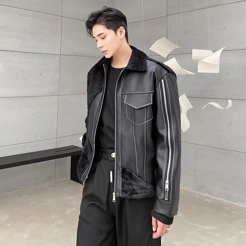 Personalized Men's Cotton Jackets Casual PU Leather Patchwork Fur Thick Outdoor Niche Design Male Padded Clothing 9C8958