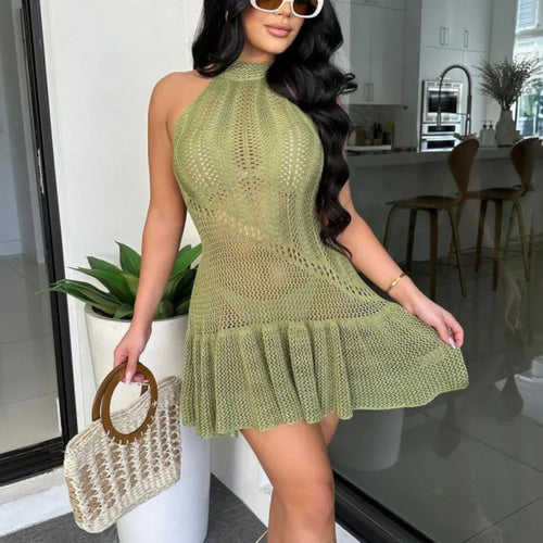 Load image into Gallery viewer, Sexy Sleeveless Knitted Sweater Dress For Women Summer 2024 New Sleeveless Hanging Collar Female Holiday Party Beachwear
