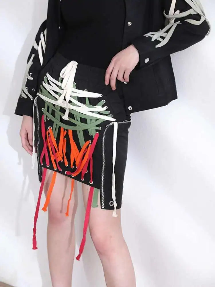 High Elastic Waist clolorful  Asymmetrical Bandage Midi Half-body Skirt Women Fashion Tide New Spring Summer 2025 1W91209