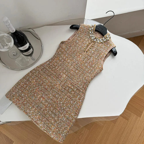Load image into Gallery viewer, Retro 2024 Autumn Winter New Brown Diamond Woolen Sleeveless Mini Dress Women Round Neck Elegant Short Tweed Dress Popular Trend
