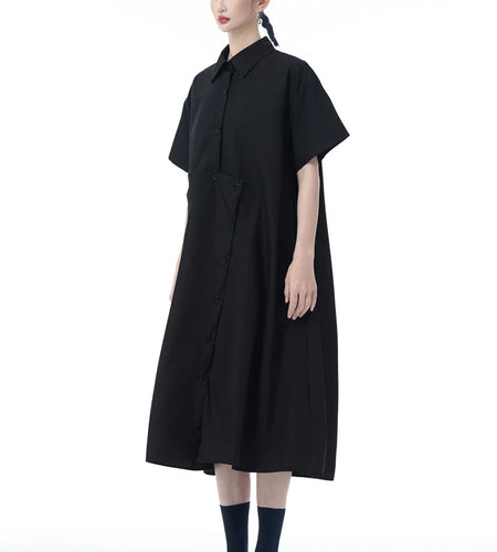 Women Black Irregular Button Big Size Midi Shirt Dress New Lapel Short Sleeve Fashion Tide Spring Summer 2025 1DJ0954