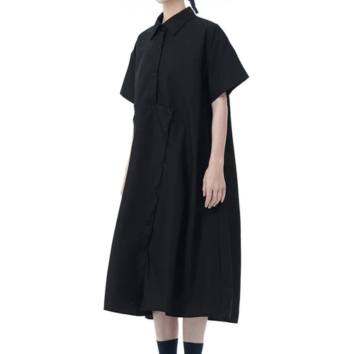 Load image into Gallery viewer, Women Black Irregular Button Big Size Midi Shirt Dress New Lapel Short Sleeve Fashion Tide Spring Summer 2025 1DJ0954
