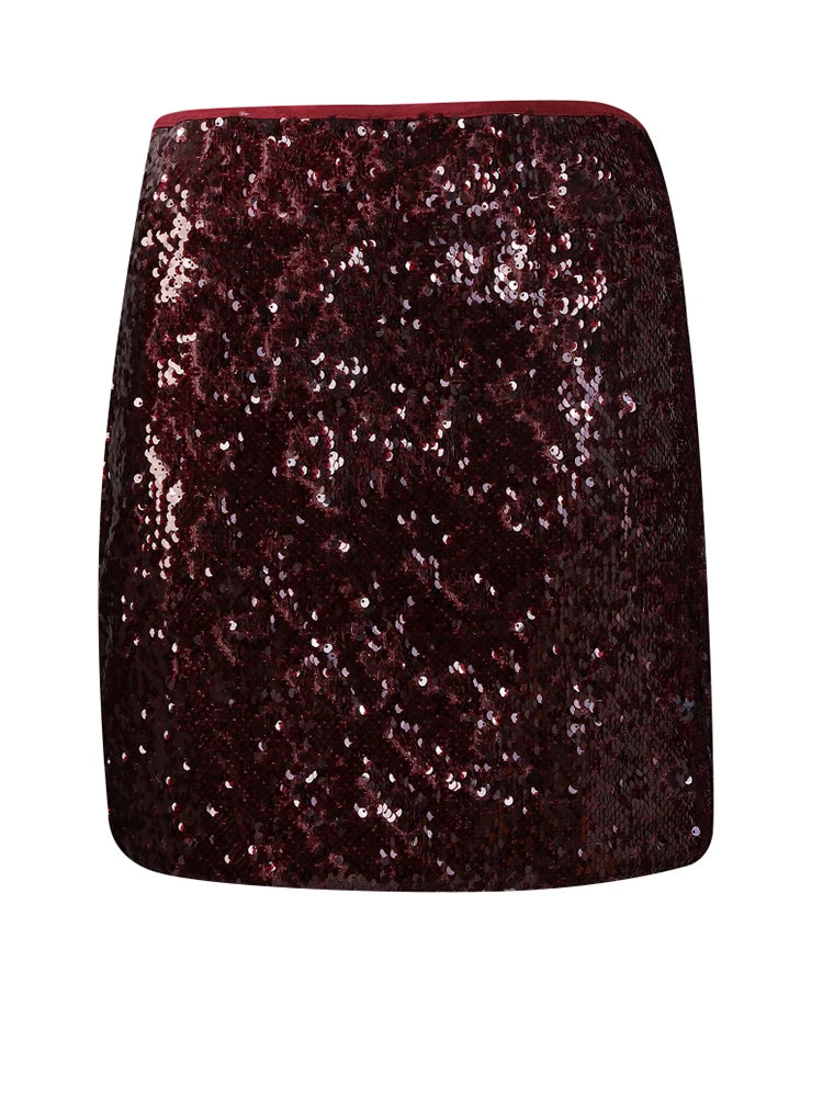 High Waist Wine Red Sequins Shining Elegant Mini Half-body Skirt Women Fashion Tide New Spring Autumn 2025 11A0892