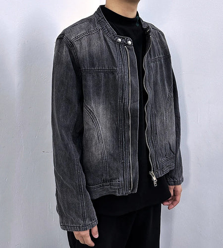 Men's Denim Jakects Collarless Design Washed Streetwear Worn-out Niche Motorcycle Zipper Trendy Male Clothing New 9W1830