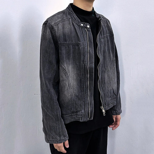 Load image into Gallery viewer, Men&#39;s Denim Jakects Collarless Design Washed Streetwear Worn-out Niche Motorcycle Zipper Trendy Male Clothing New 9W1830
