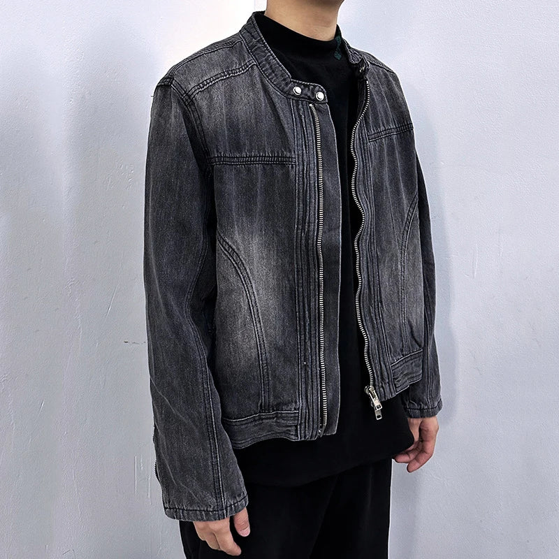 Men's Denim Jakects Collarless Design Washed Streetwear Worn-out Niche Motorcycle Zipper Trendy Male Clothing New 9W1830