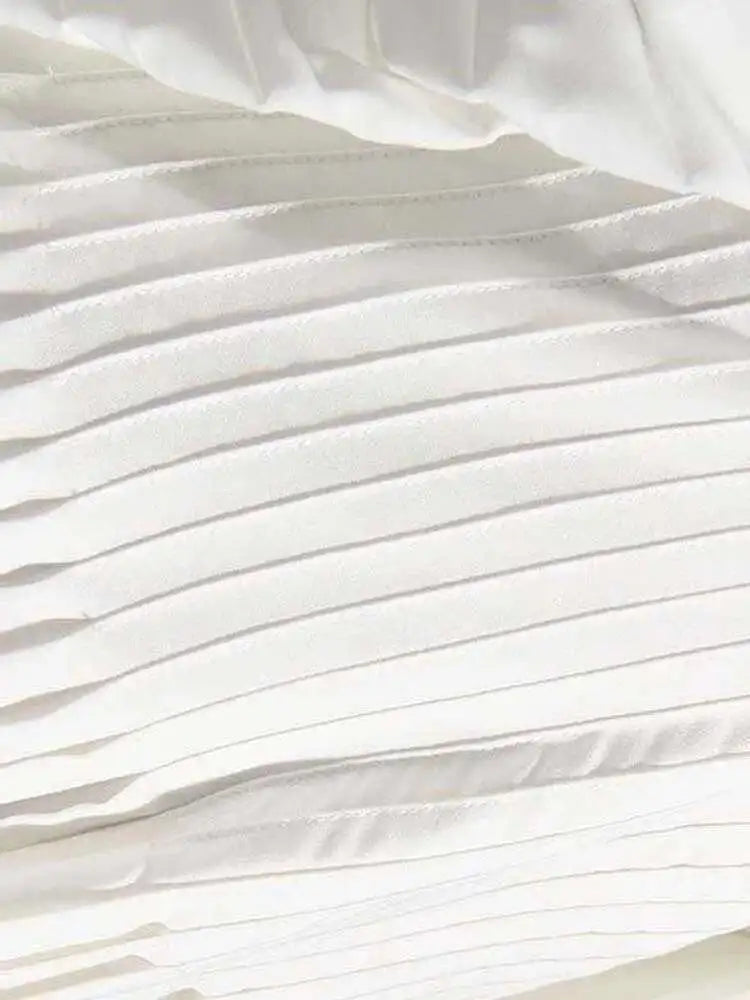 Women White Pleated Elegant Big Size Midi Shirt Dress New V-Neck Long Flare Sleeve Fashion Tide Spring Autumn 2025 1W3260