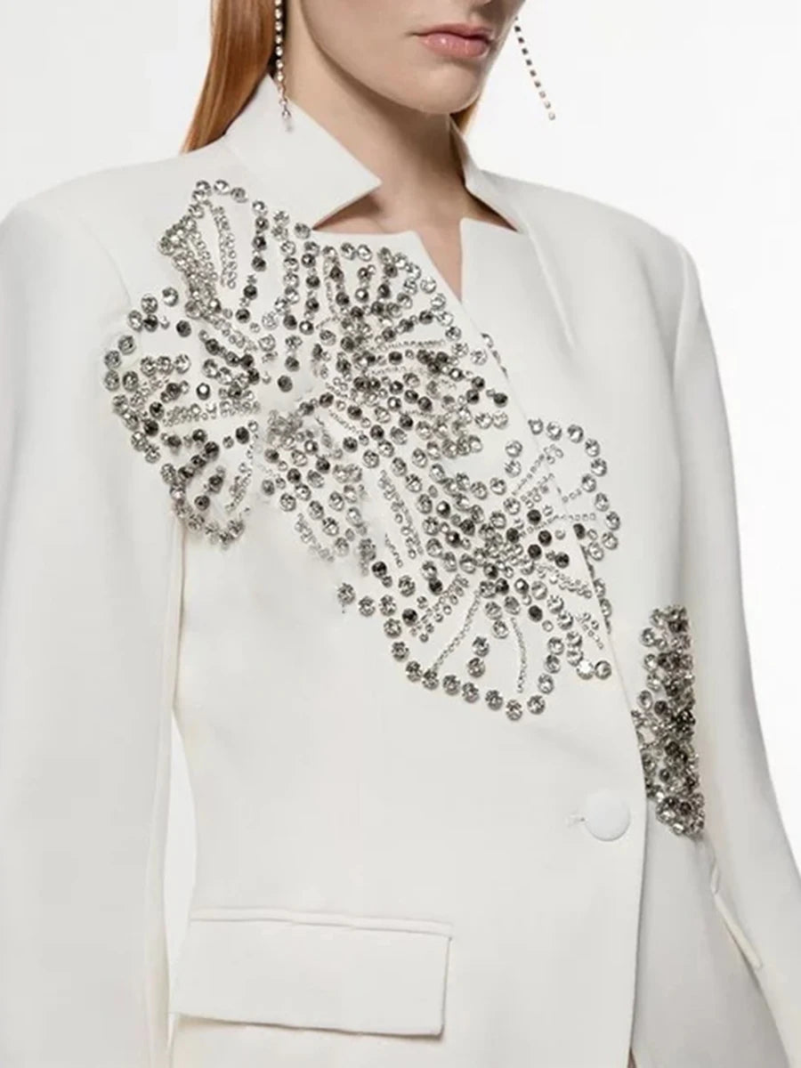 Solid Spliced Diamonds Luxurious Blazers for Women V Neck Long Sleeves Patchwork Button Temperament Blazer Female