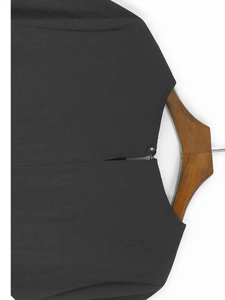 Women Black Pleated Brief Big Size Midi Dress New Round Neck Three-quarter Sleeve Fashion Spring Autumn 2025   1DJ0716