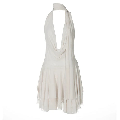 Load image into Gallery viewer, Halter Deep V Neck Backless Sexy Mini Dress For Women Robe Solid Sleeveless High Waist Ruffled Club Party Dress
