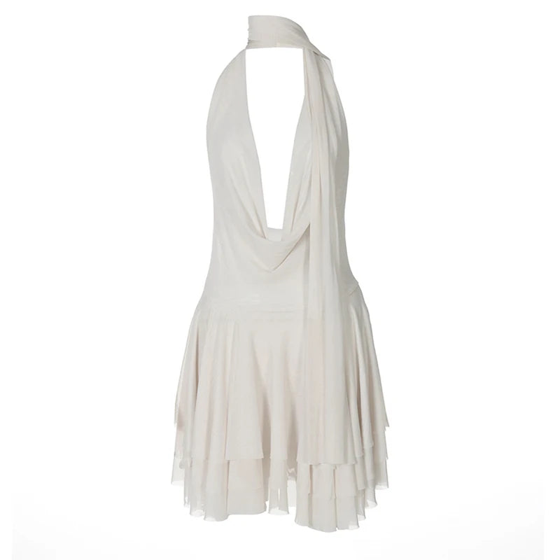 Halter Deep V Neck Backless Sexy Mini Dress For Women Robe Solid Sleeveless High Waist Ruffled Club Party Dress