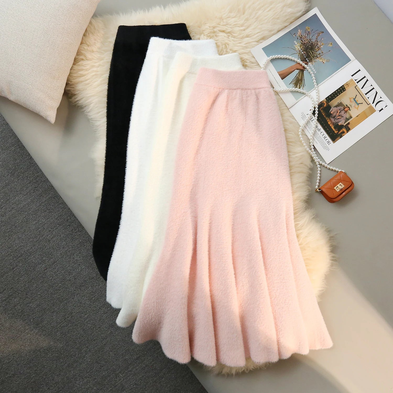 French Fashion Vintage Women Solid Ruffle Edge Knitted Fishtail Long Skirt 2024 Autumn Winter Elegant High Waist Pleated Skirts