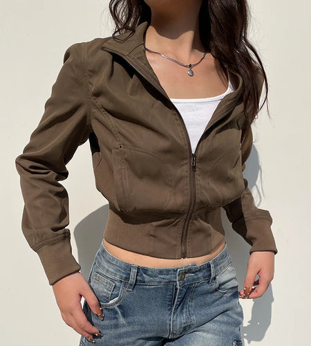 Harajuku Brown Y2K High Waist Bomber Jacket Autumn Winter Casual Tech Zip Up Coat Cropped Stand Collar Outwear Trench