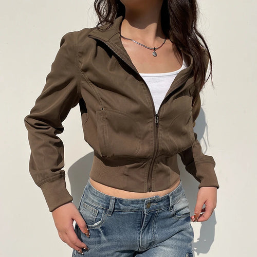 Load image into Gallery viewer, Harajuku Brown Y2K High Waist Bomber Jacket Autumn Winter Casual Tech Zip Up Coat Cropped Stand Collar Outwear Trench
