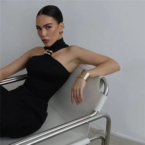Load image into Gallery viewer, Turtleneck Off-shoulder Sexy Maxi Dress Women Gown Summer New Ring Metal Sleeveless Backless Skinny Knit Long Dress
