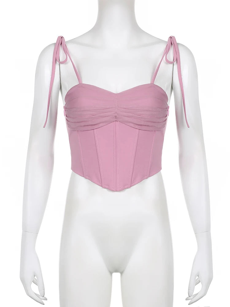 Strappy Mesh Spliced Skinny Y2K Corset Top Pink Backless Sexy Summer Women Crop Tops Sweet Elegant Camisole Clothing