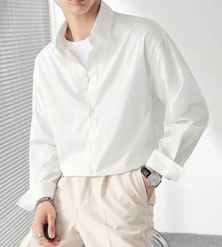 Korean Style Men's Shirts Loose Shoulder Solid Color Trendy Long Sleeved Design Single Breasted Lapel Male Tees 9W1870