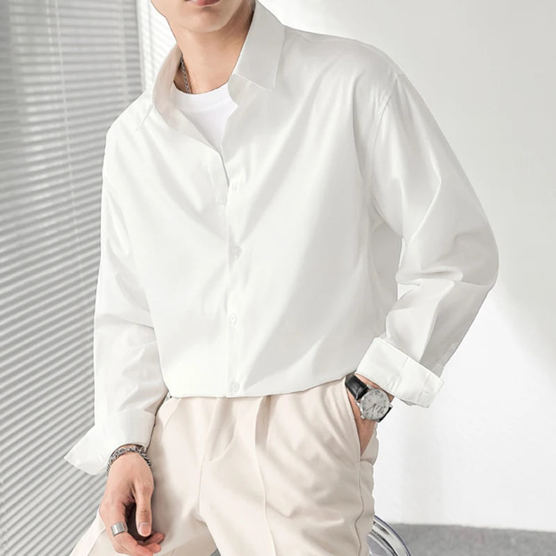 Korean Style Men's Shirts Loose Shoulder Solid Color Trendy Long Sleeved Design Single Breasted Lapel Male Tees 9W1870