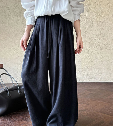 High Elastic Waist Beige Linen Drawstring Long Wide Leg Pants New Trousers Women Fashion Tide Spring Autumn 2025  1DJ0991