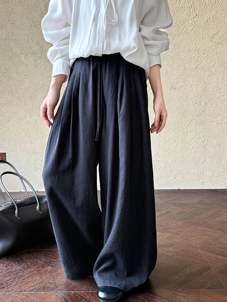 High Elastic Waist Beige Linen Drawstring Long Wide Leg Pants New Trousers Women Fashion Tide Spring Autumn 2025  1DJ0991