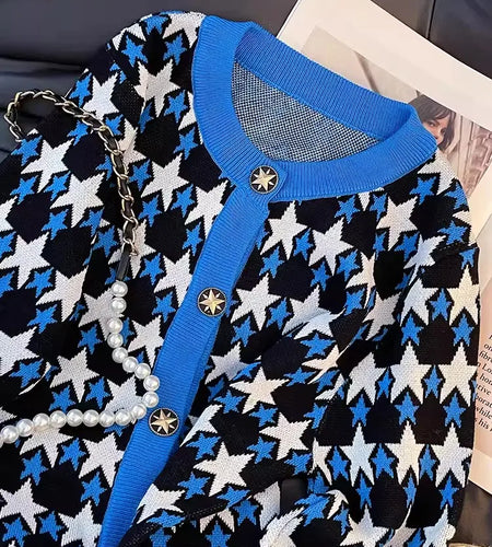 Women Colorful Star Jacquard Cardigan Autumn Elegant Ladies V-Neck Long Sleeve Single Breasted Knitted Sweater C-030