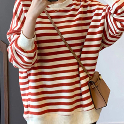 Load image into Gallery viewer, Spell Color Striped Loose Female Hoodies Chic Autumn Casual Office Lady O-neck Simple Pullover Fashion Women Sweatshirts
