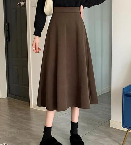 Korean Version Women's Black Temperament Vacation Woolen Long Skirt Autumn Winter Brown High Waist Pleated Skirts Fashion Simple