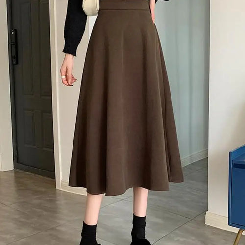 Load image into Gallery viewer, Korean Version Women's Black Temperament Vacation Woolen Long Skirt Autumn Winter Brown High Waist Pleated Skirts Fashion Simple
