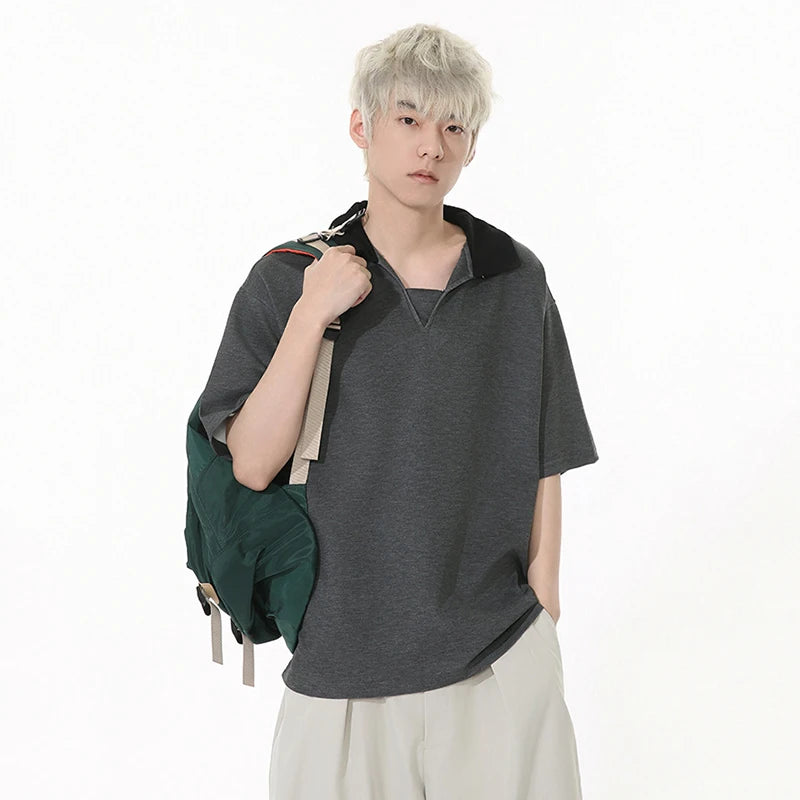 Niche Design Men's Tees Contrast Color Patchwork Turn-down Collar T-shirts Short Sleeved Casual Male Tops Summer 9W1259