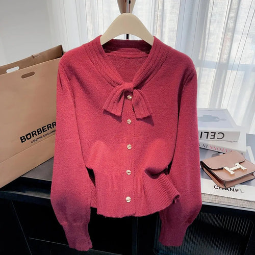 Load image into Gallery viewer, Autumn Winter Solid Elegant V Neck Bow Single Breasted Short Sweater Women's French 2024 New Long Sleeved Slim Knitted Tops Chic
