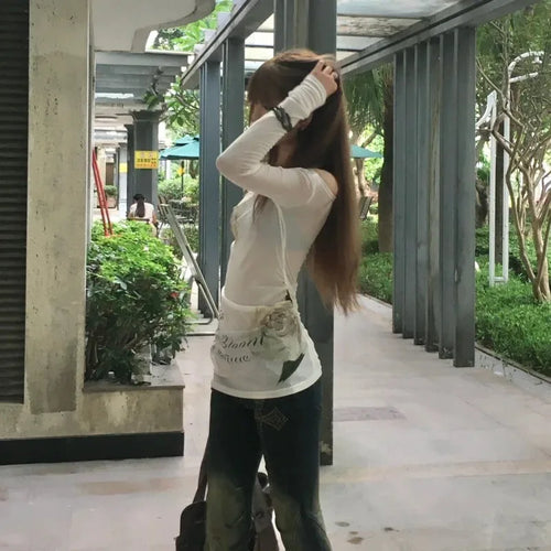 Load image into Gallery viewer, Japanese Y2k Off Shoulder Tops Vintage 2000s Style Knitted T-shirt Harajuku Flower Print Long Sleeve Sheer Tops American
