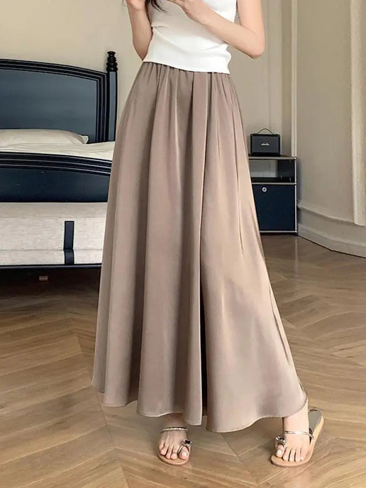 Spring Summer Women Black Beige Pleated Long Skirts Vintage Brown Elastic High Waist Vacation A-line Skirt Simplicity Streetwear