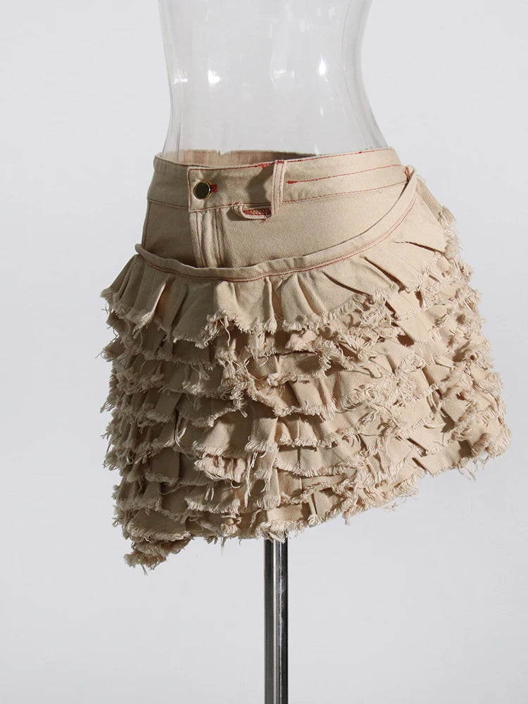 Ruffles A Line Skirts For Women High Waist Patchwork Button Asymmetrical Mini Skirt Female Fashion Clothing