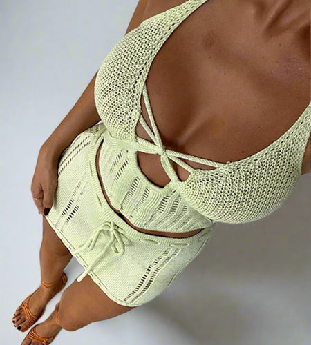 Halter Cut Out Crochet Knitted Tunic Beach Cover Up Cover-ups Beach Dress Beach Wear Beachwear Two Pieces Set Female Women V6114