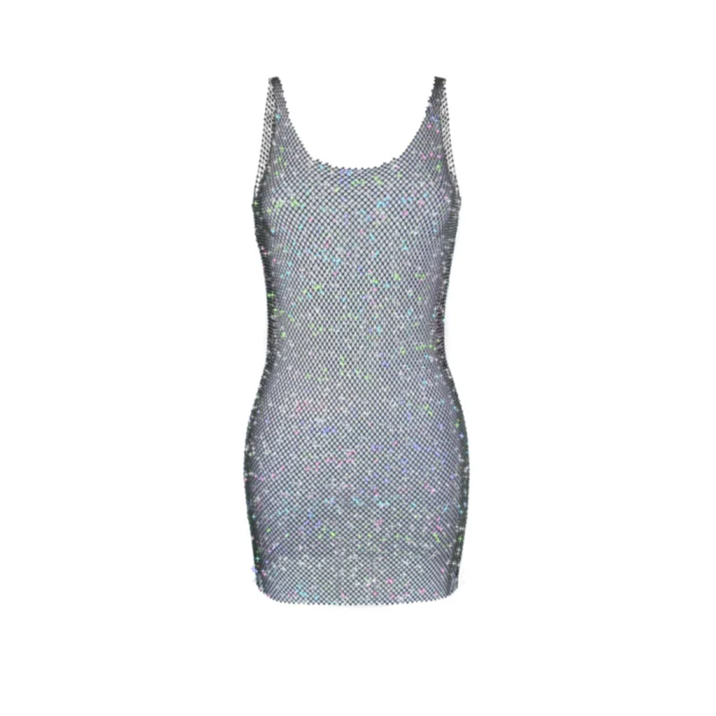Glitter See Through Sexy Mini Dress For Women New Spaghetti Strap Sleeveless Transparent Shiny Diamond Short Dress