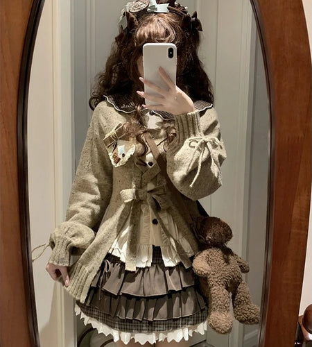 Japanese Sweet Lolita Cardigans Women Y2k Aesthetic Hollow Out Bandage Sweater Kawaii Bow Pocket 2025 Casual Streetwear JK Tops