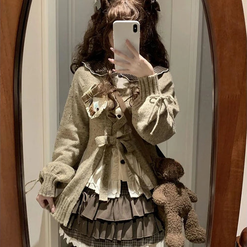 Load image into Gallery viewer, Japanese Sweet Lolita Cardigans Women Y2k Aesthetic Hollow Out Bandage Sweater Kawaii Bow Pocket 2025 Casual Streetwear JK Tops
