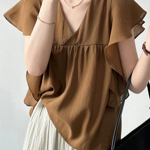 Load image into Gallery viewer, French Style Chic Brown Ruffles Women Blouse Flying Sleeve V-neck Solid Color Fashion Female Blouse Summer Elegant Tops
