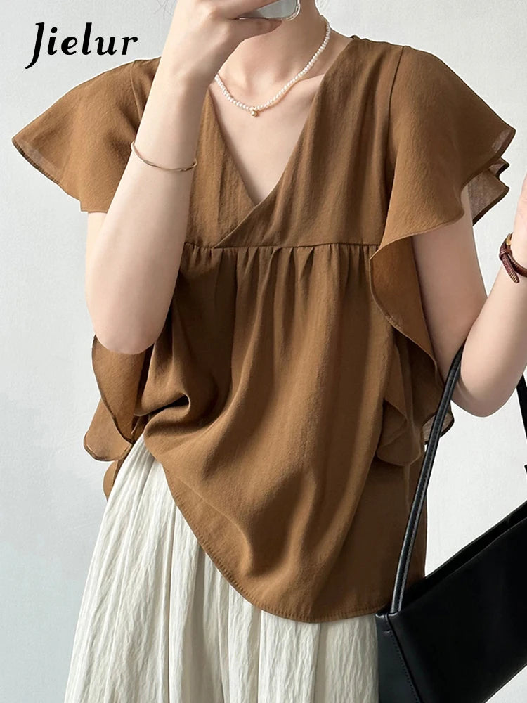 French Style Chic Brown Ruffles Women Blouse Flying Sleeve V-neck Solid Color Fashion Female Blouse Summer Elegant Tops