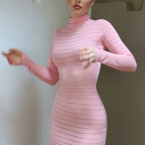 Load image into Gallery viewer, Elegant Long Sleeved Sweater Knit Dress Women Stretch Tight Striped Bodycon Party Evening Dress Fashiona Street Vestido
