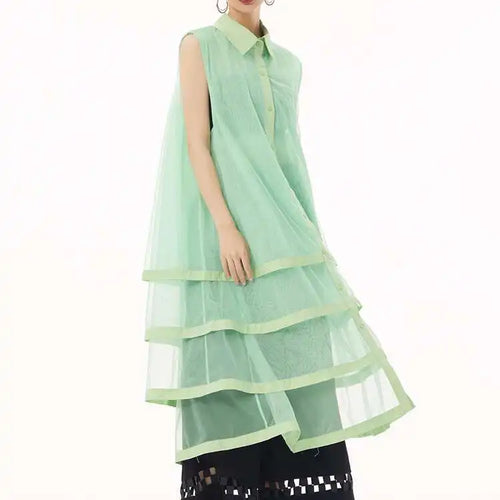 Load image into Gallery viewer, Women Black Layers Mesh Big Size Midi Vest Shirt Dress New Lapel Sleeveless Fashion Tide Spring Summer 2025 1DH9472
