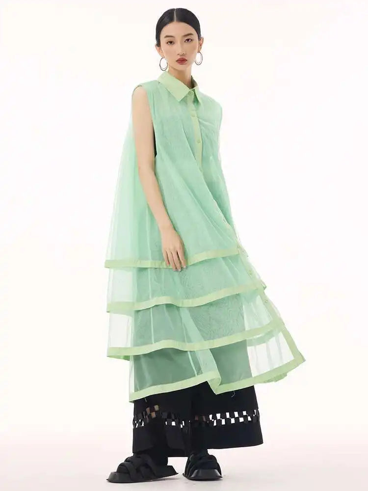 Women Black Layers Mesh Big Size Midi Vest Shirt Dress New Lapel Sleeveless Fashion Tide Spring Summer 2025 1DH9472