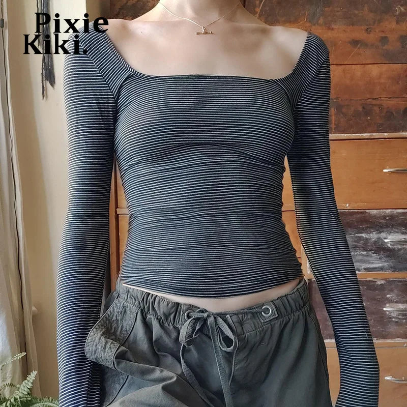 Y2k Striped Backless Crop Tops Women 2024 Autumn Winter Basic T Shirts Square Neck Long Sleeve Tees P77-AG10