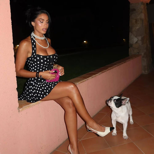 Load image into Gallery viewer, Halter Backless Polka Dot Dress For Women Fashion Square Collar Sleeveless High Waist A-line Knit Mini Dress Elegant
