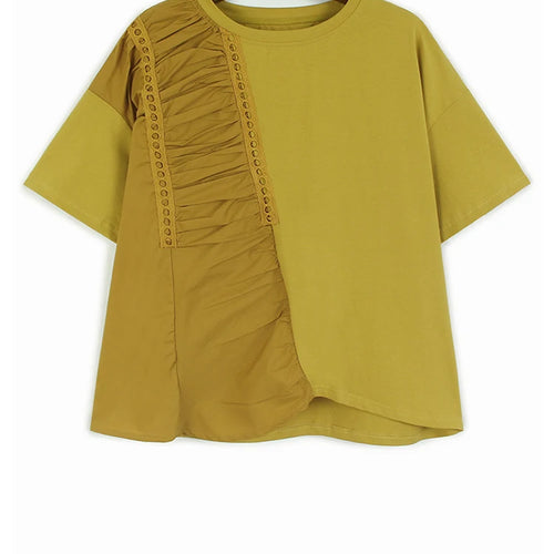 Load image into Gallery viewer, Women Green Pleated Irregular Spliced Big Size T-shirt New Round Neck Short Sleeve Fashion Tide Spring Summer 2025 1DJ1120
