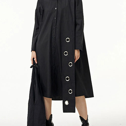 Load image into Gallery viewer, Women Black Metal Circle Irregular Hem Big Size Shirt Dress New Lapel Long Sleeve Fashion Tide Spring Autumn 2025 1DJ0883
